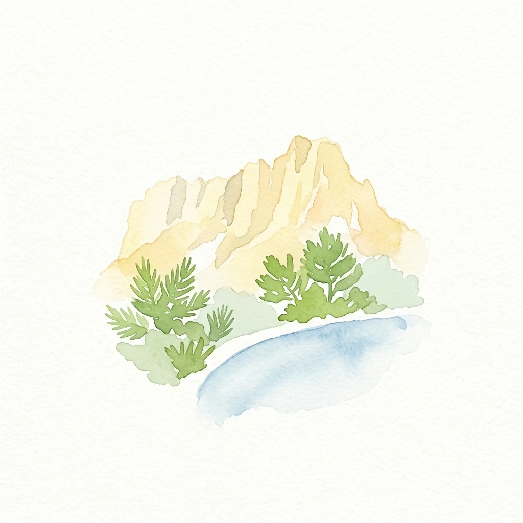 Pintura de acuarela de acantilados de piedra caliza amarillenta, arbustos verdes y agua azul
