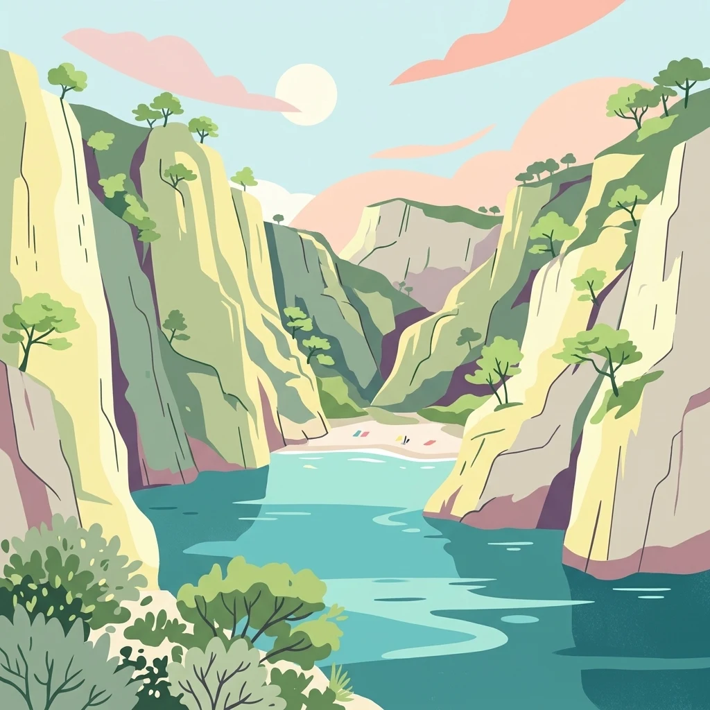 Ilustración de acantilados de piedra caliza, agua turquesa y una pequeña playa dentro de una cala costera