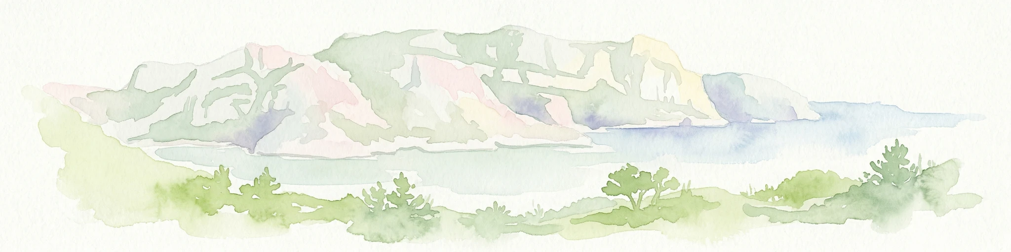 Watercolor illustration of coastal mountains and shoreline with scattered trees