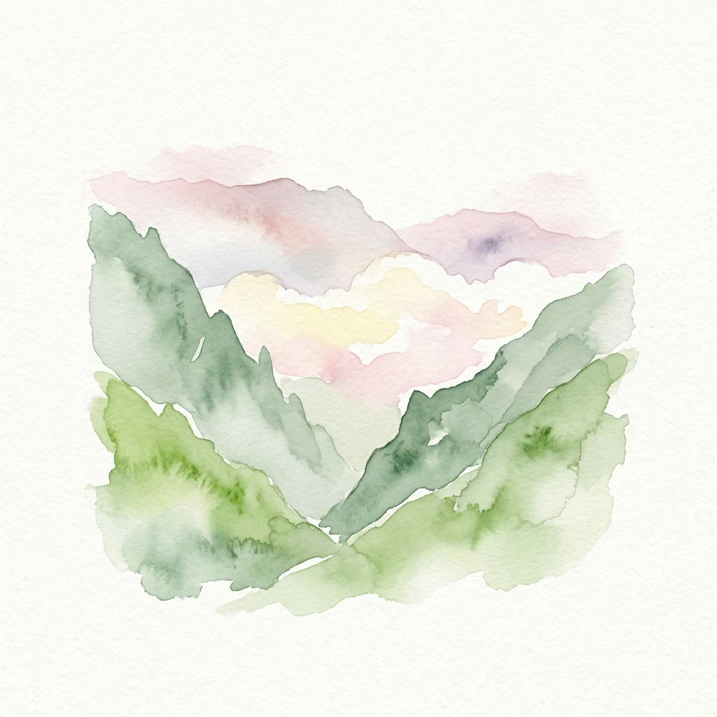 Watercolor painting showing green mountain slopes, misty valleys, and pastel-colored sky with pink and yellow clouds