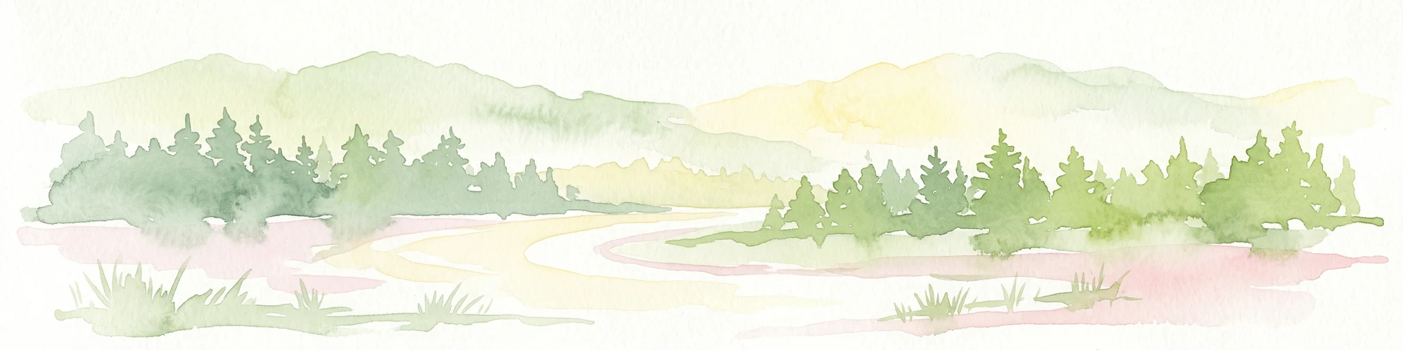 Ilustración de acuarela que muestra un paisaje montañoso con bosques verdes, un río sinuoso y colinas distantes