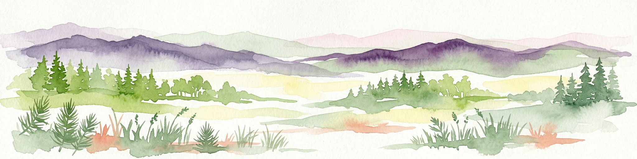 Ilustración de acuarela que muestra montañas, bosques y prados con transiciones de color suaves.