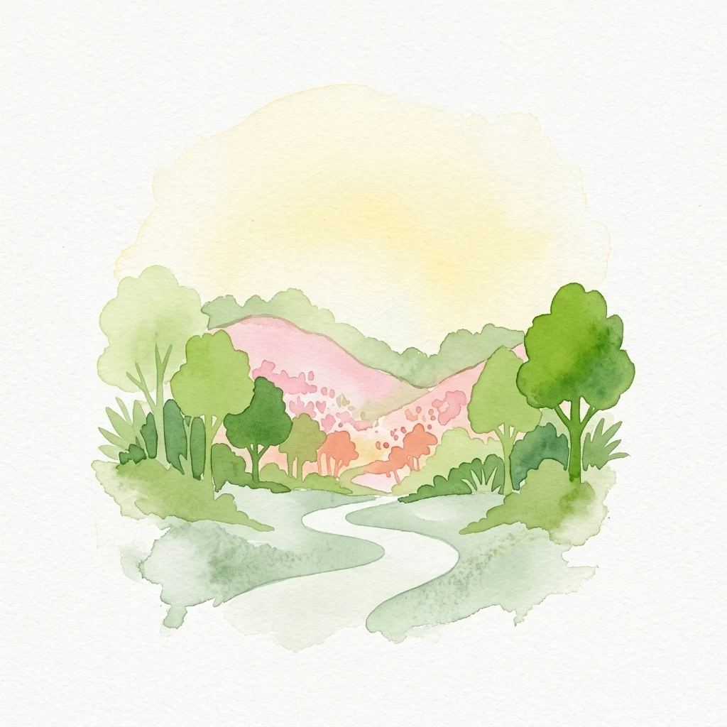 A watercolor illustration showing green trees and bushes framing a winding light-colored path leading toward pink hills under a pale yellow sky.