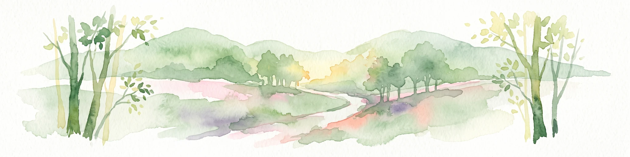 A wide watercolor illustration showing a forest scene with trees in the foreground, a winding path or river, and green hills in the background.