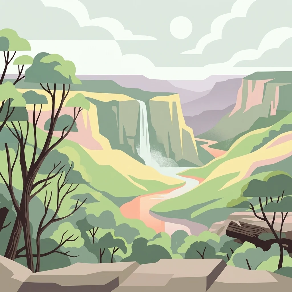 An artistic vector illustration showing a green valley with cliffs, a central waterfall, and a winding river under a pale sky.