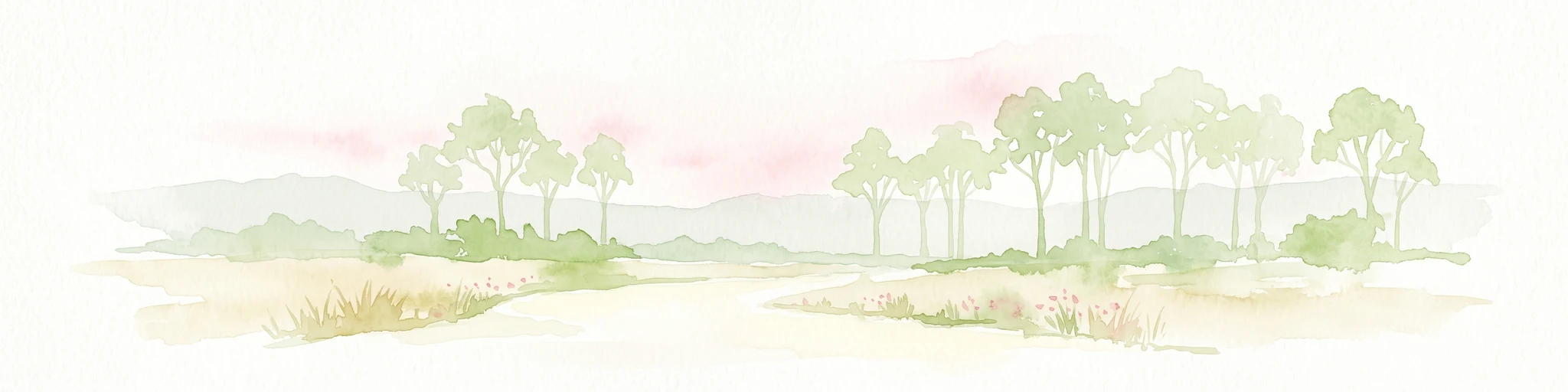 A soft watercolor illustration featuring sparse trees and low-lying scrubland against a hazy, distant horizon.