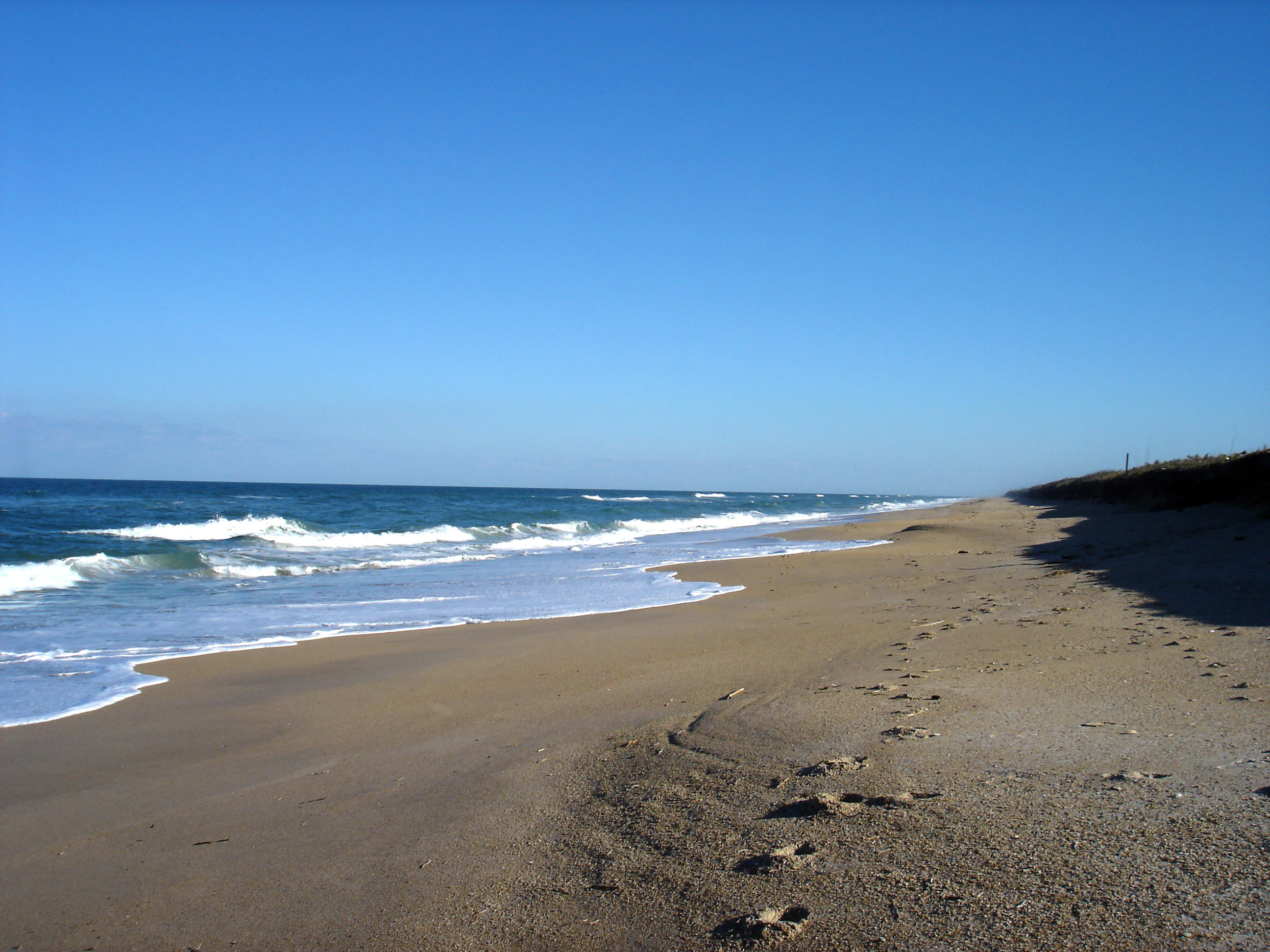 A wide, sandy beach shoreline under a clear blue sky, with small waves breaking against the sand.