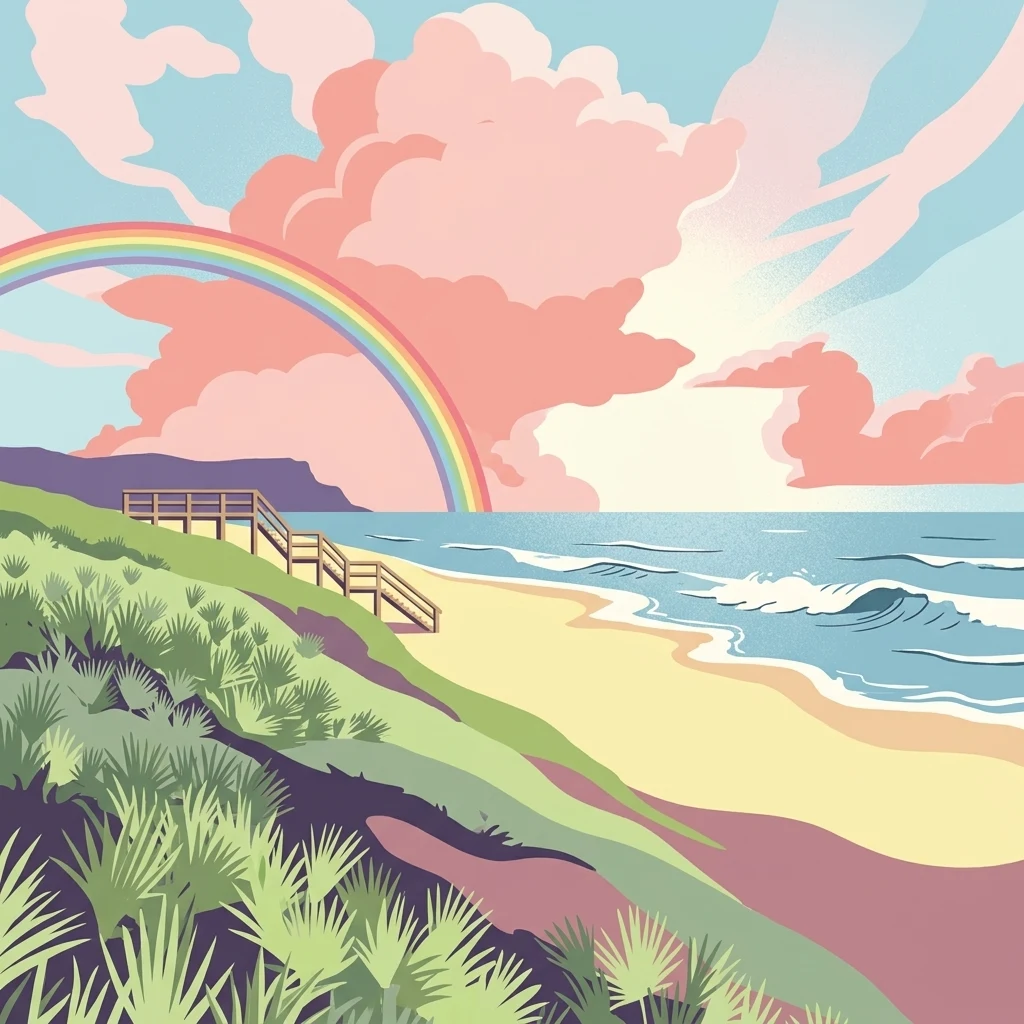 Una ilustración digital estilizada de una playa de arena con vegetación de dunas similar a palmeras en primer plano y una escalera de madera que baja hasta la orilla. Un gran arcoíris se extiende sobre un cielo lleno de nubes rosadas sobre el océano.
