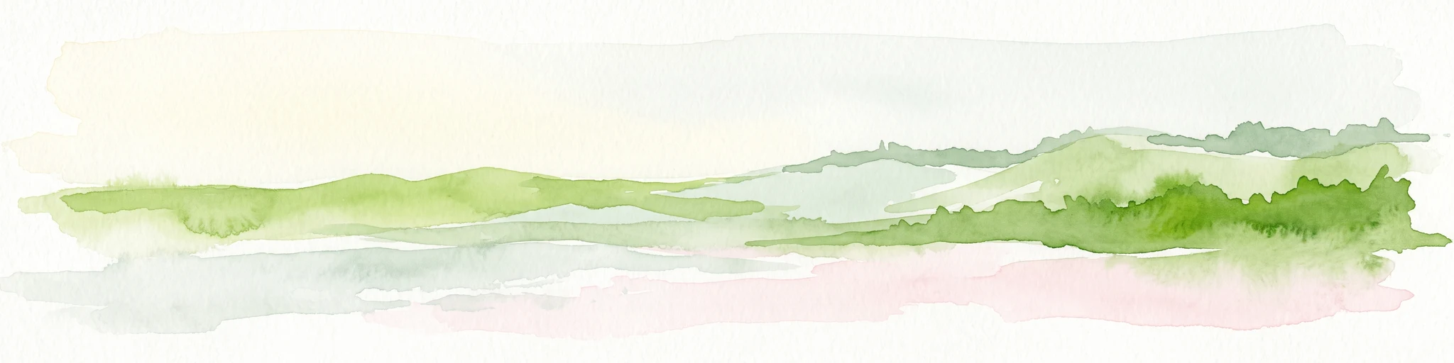 A minimalist watercolor illustration showing green rolling hills and a shoreline against a pale background, representing the natural coastal landscape.