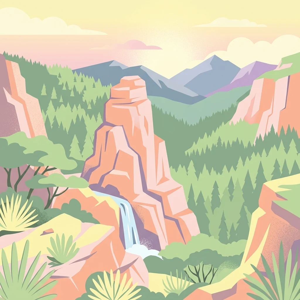 Una ilustración digital de un paisaje montañoso al atardecer con una formación rocosa central con una pequeña cascada, rodeada de árboles de hoja perenne y acantilados rocosos.