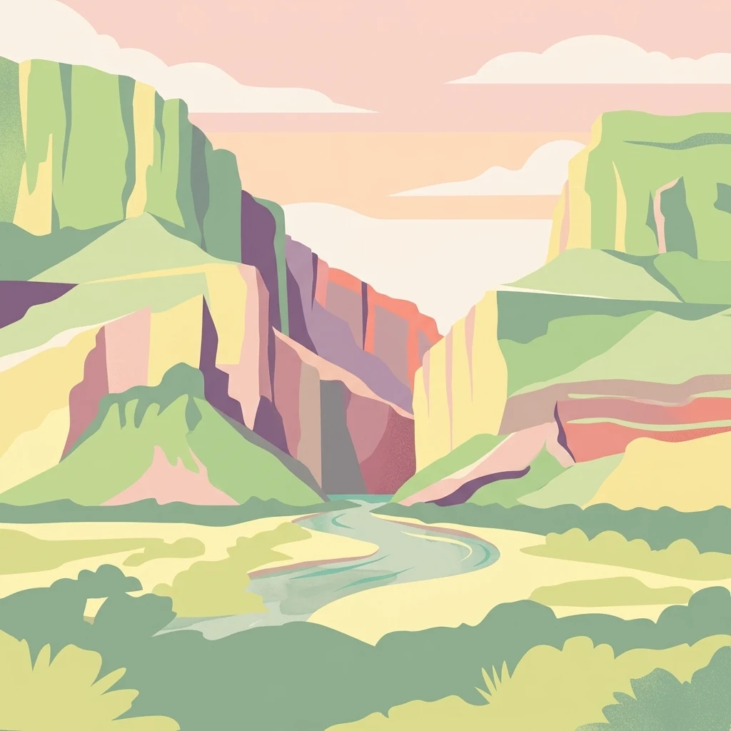 A stylized flat illustration of a canyon with steep rocky walls and a river winding through the center, surrounded by desert vegetation under a light sky.