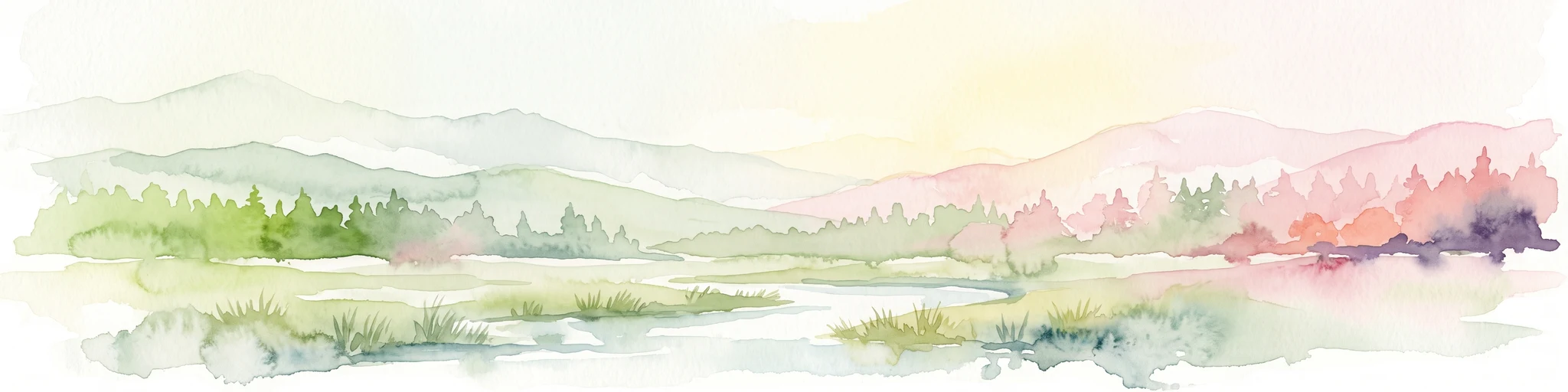 Una ilustración horizontal en acuarela que representa suaves colinas onduladas, un pequeño arroyo en primer plano y bosques de pinos, con una paleta pastel apagada.