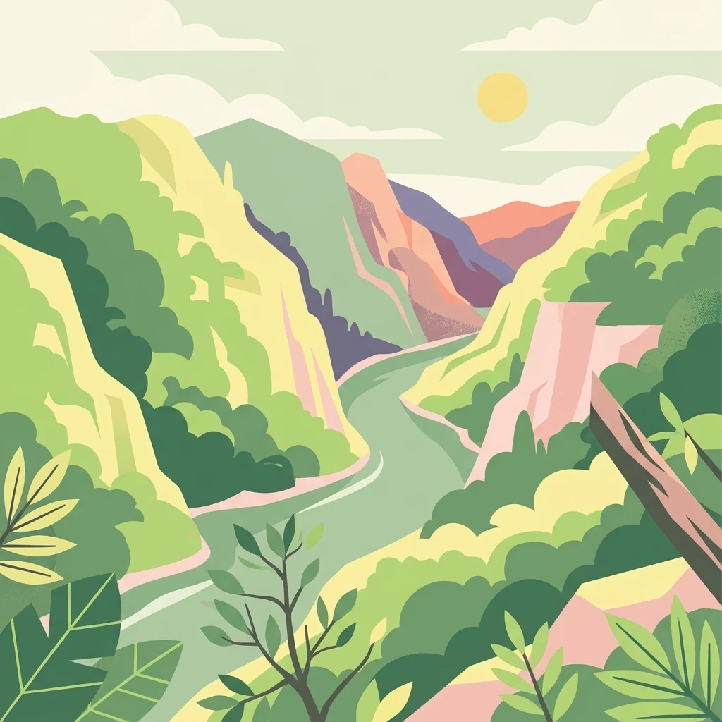 Una ilustración digital de estilo plano de un río serpenteante rodeado de escarpadas y verdes paredes de cañón y vegetación tropical bajo un sol suave.