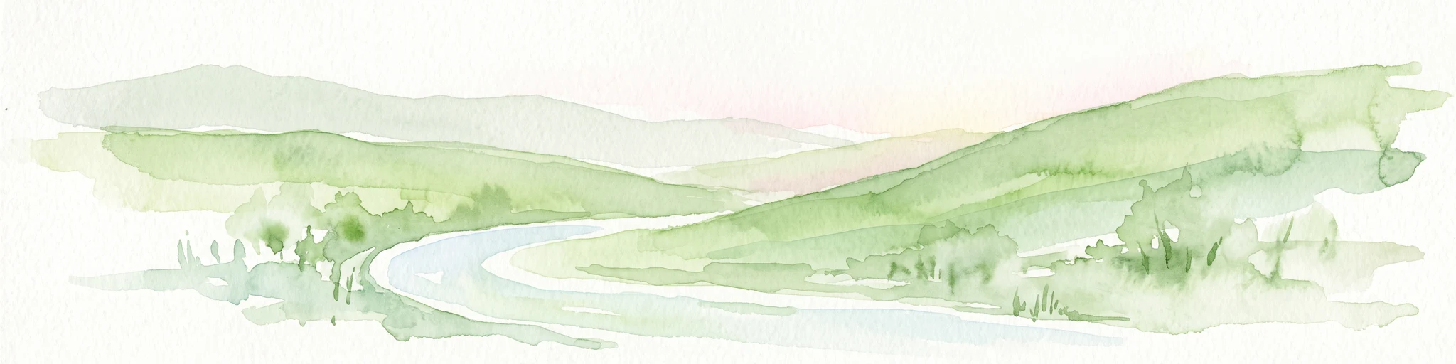 Una suave pintura acuarela minimalista que muestra un río serpenteante fluyendo entre colinas verdes onduladas sobre un fondo blanco.