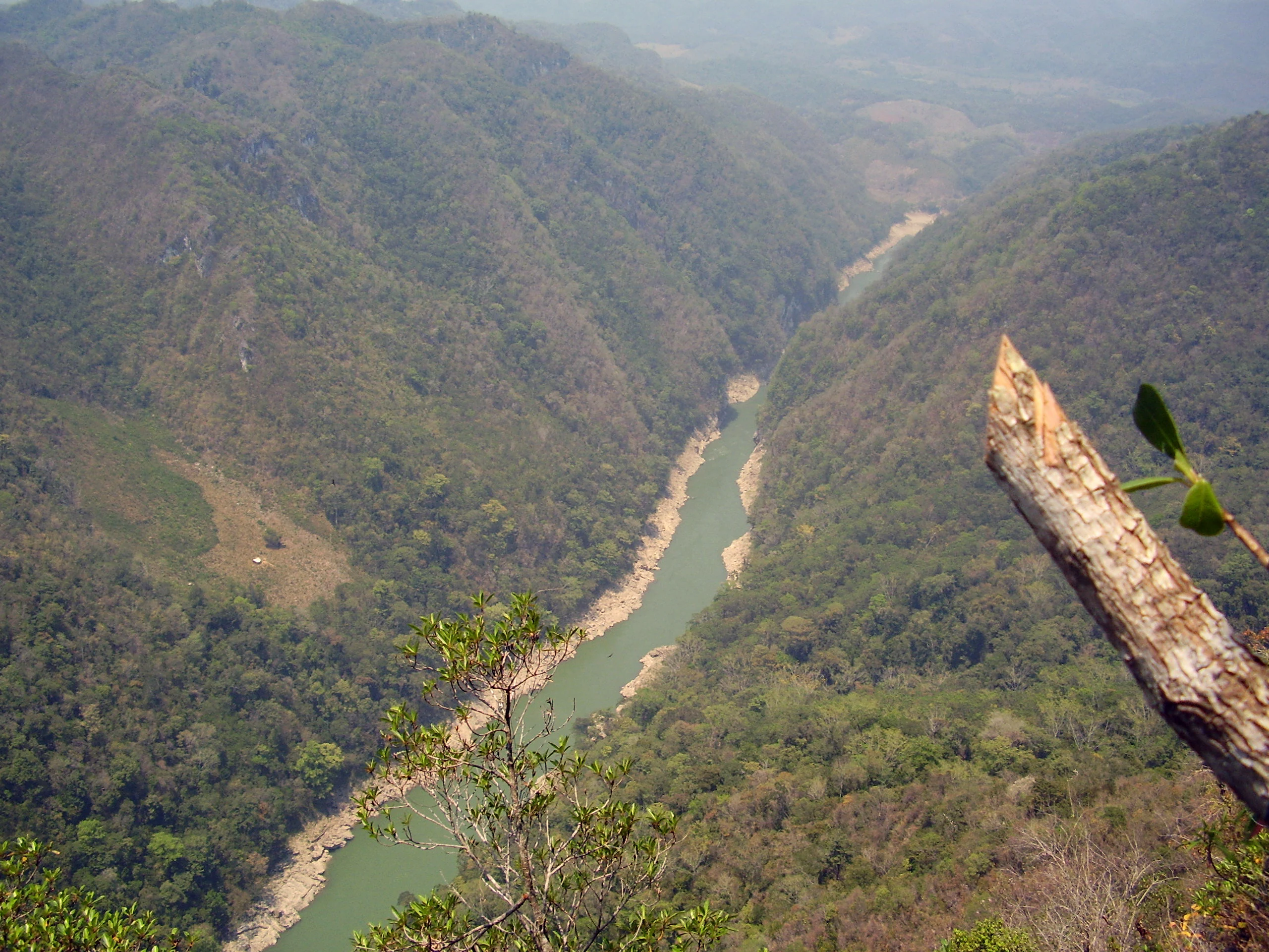 High angle scenic view of a river winding through a forested mountain canyon.