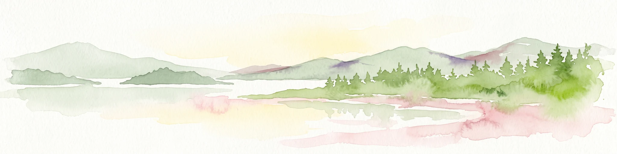 Una pintura horizontal en acuarela que muestra un paisaje en tonos verde pálido y rosa suave con colinas distantes, una masa de agua tranquila y una orilla bordeada de árboles.