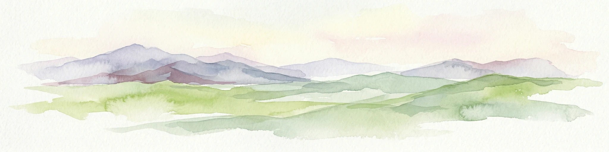 Pintura de acuarela de colinas verdes y onduladas y montañas púrpuras bajo un cielo pastel