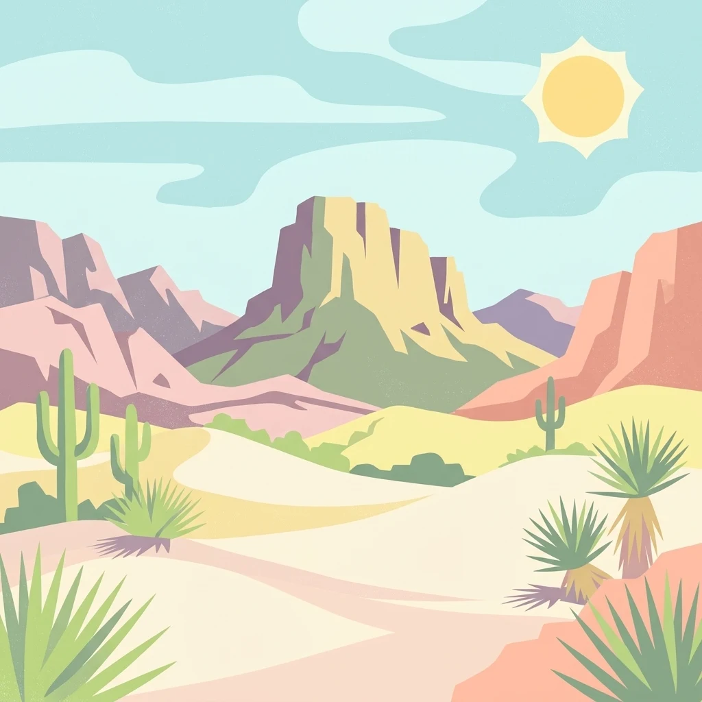 A flat-style digital illustration of a desert scene with a prominent central mountain, cacti in the foreground, and a bright sun in the blue sky.
