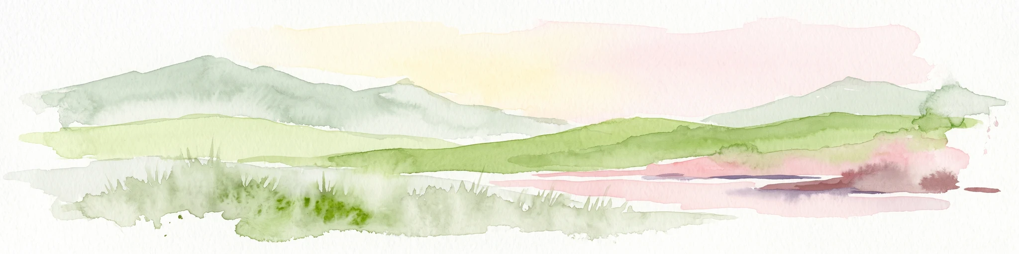 Watercolor painting of a soft, hazy mountain landscape with rolling green hills and pink-toned foreground vegetation, presented in a wide panoramic aspect.