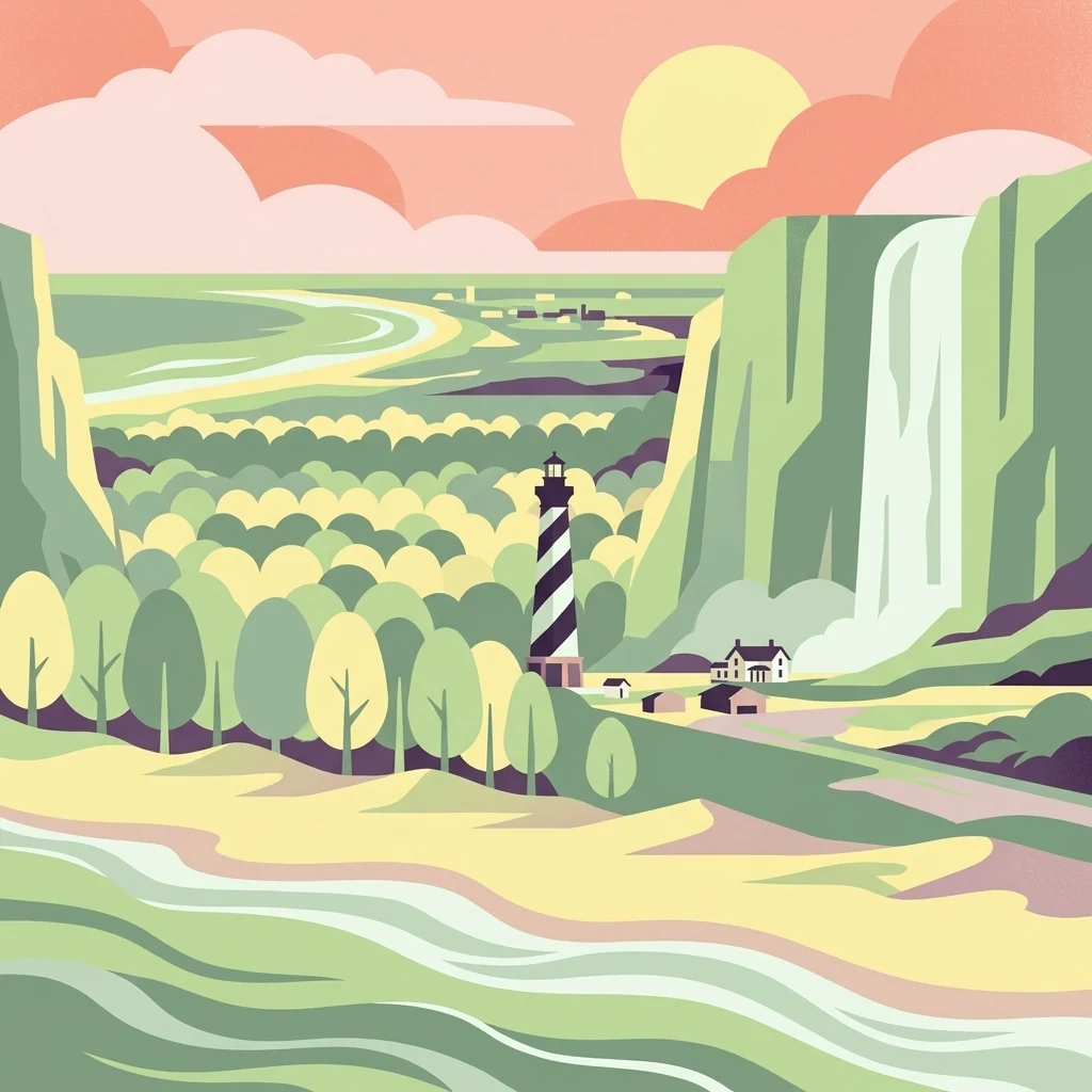 Una ilustración artística en estilo vectorial de un paisaje con un faro de rayas en el centro; una cascada fluye por un acantilado a la derecha, con una playa de arena y agua en primer plano y un sol poniéndose detrás de nubes pastel.