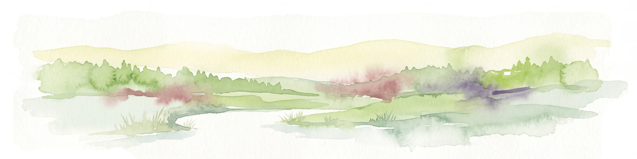 A soft watercolor illustration of a coastal marsh landscape with greenery, low hills, and a calm water channel.