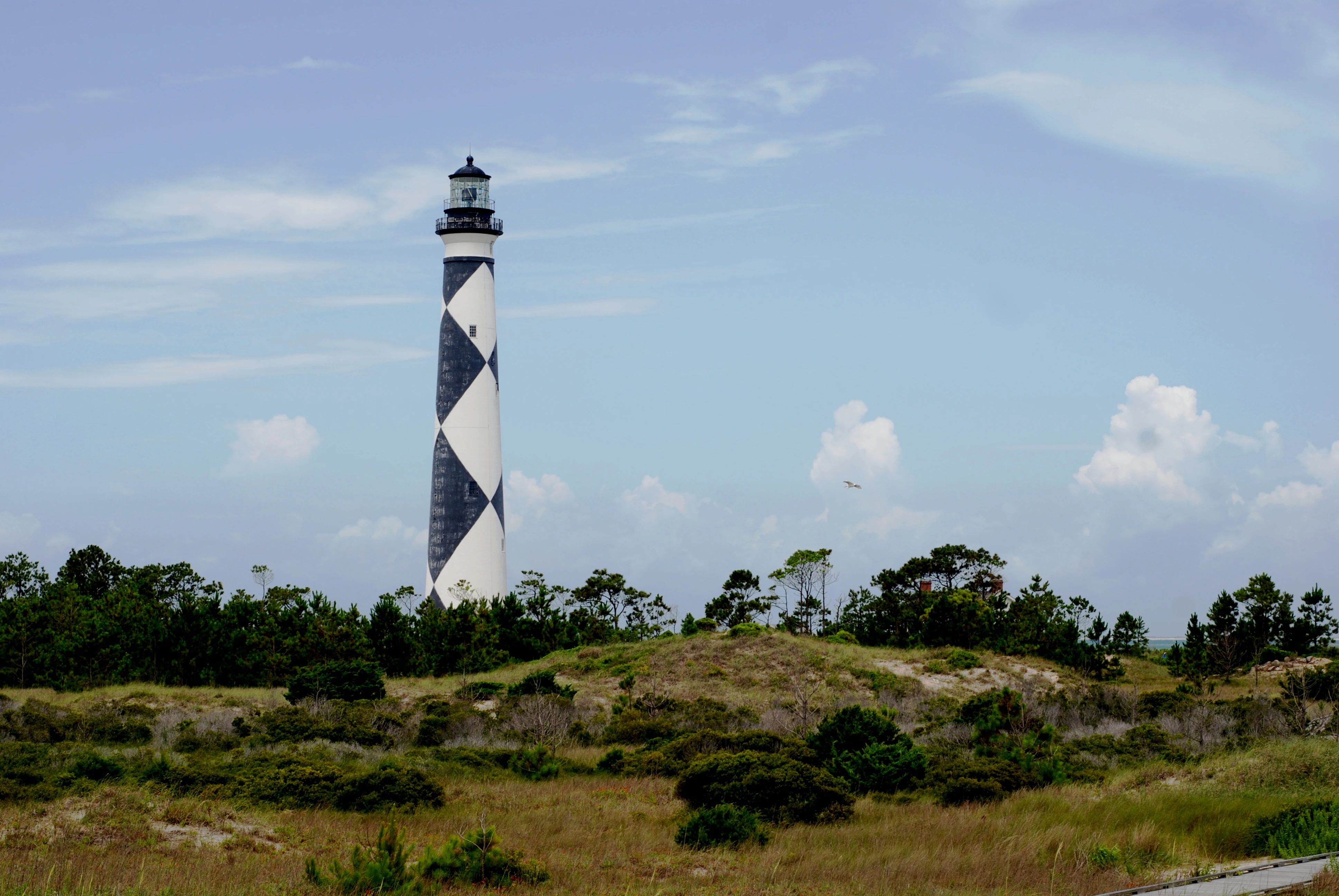 A tall, slender lighthouse with a distinctive black and white diamond pattern stands surrounded by green coastal shrubs and grasses under a partly cloudy blue sky.