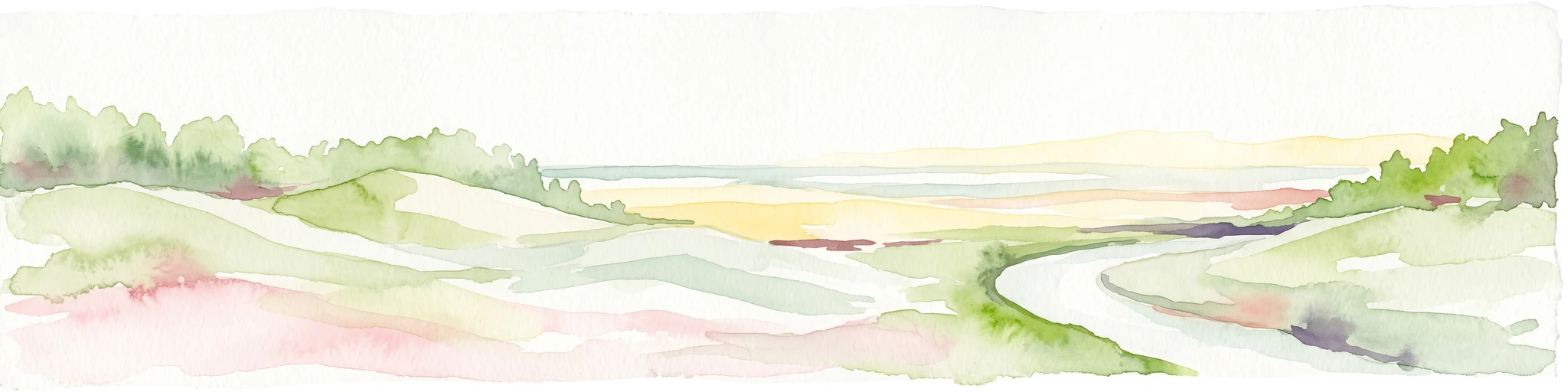 A watercolor painting showing a wide, panoramic view of a sandy coastal landscape with rolling dunes, sparse green vegetation, and a winding shoreline under a pale sky.