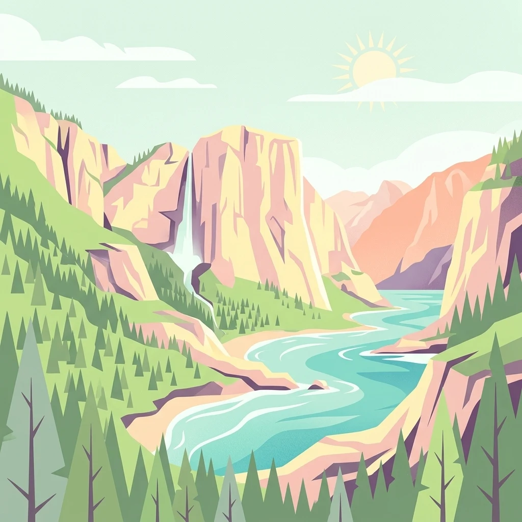 Illustration of a mountainous landscape featuring a winding river, waterfall, and forested hills under a sunny sky