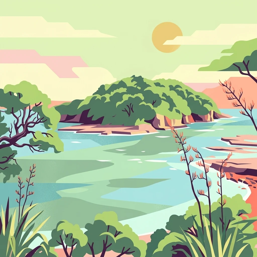 Ilustración digital estilizada de una bahía costera con una isla, vegetación exuberante y costas rocosas bajo un sol pálido.