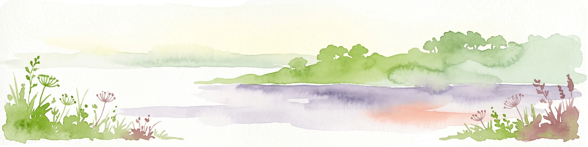 A watercolor painting showing a soft, bright landscape with green grasses and wildflowers on both sides of a calm, pale blue body of water, with a green coastline in the distance.