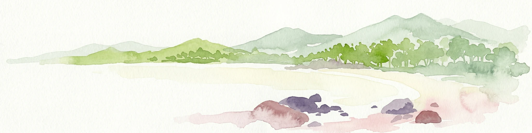Pintura de acuarela que muestra una escena costera con arena, rocas, árboles verdes y montañas al fondo