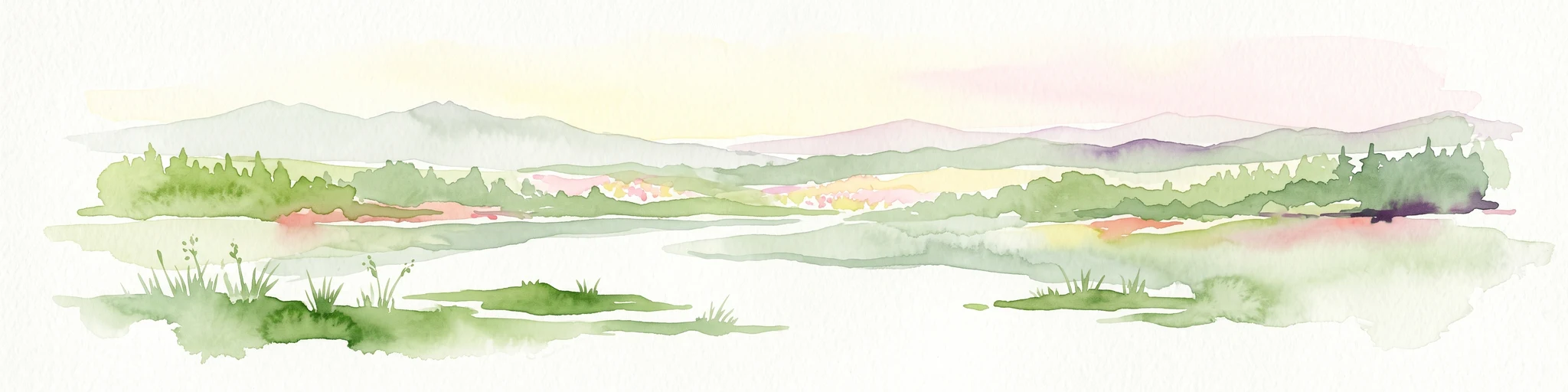 A pale, abstract watercolor painting showing rolling green hills, trees, and a light sky against a white background.