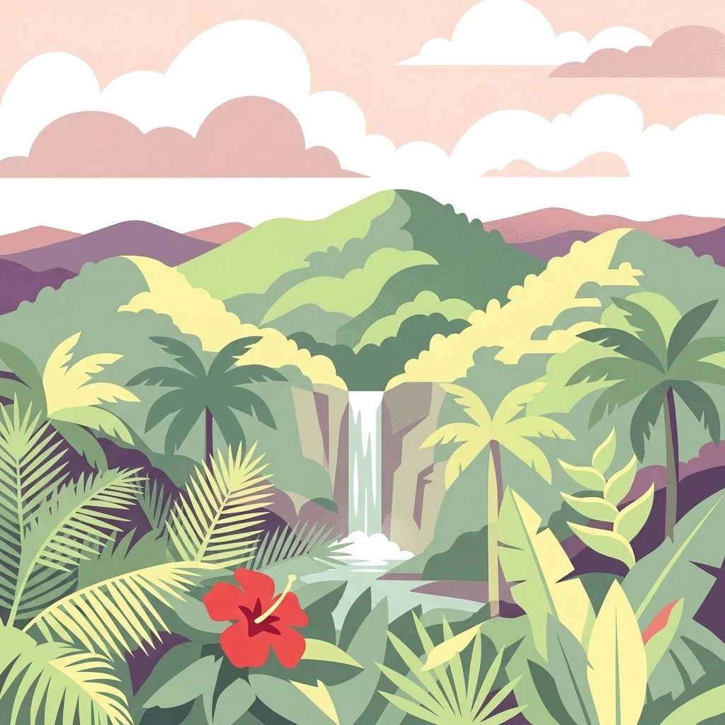 A flat-style digital illustration of a tropical rainforest with a central waterfall flowing between green hills under a soft-colored sky, featuring palm trees and a bright red hibiscus flower in the foreground.