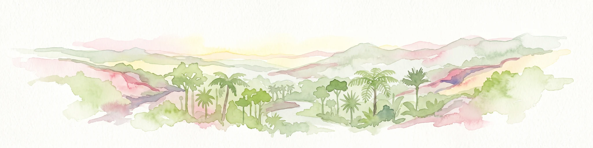 Watercolor painting of a tropical mountain landscape with lush vegetation and palm trees in the foreground and rolling hills in the background.