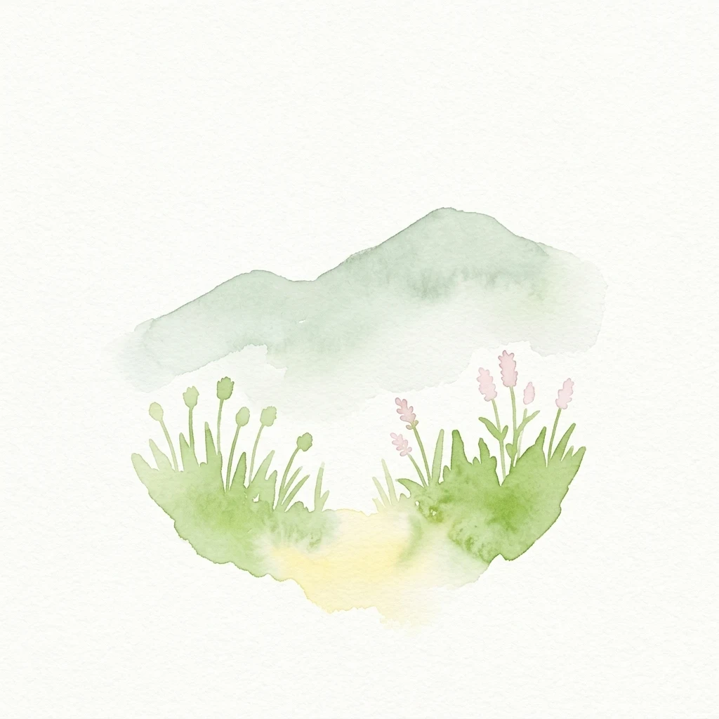 Watercolor painting of green grasses, pink flowers, and misty mountains