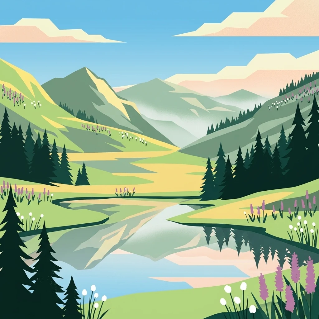 Ilustración estilizada de un paisaje montañoso con un lago, pinos, flores silvestres y picos distantes bajo un cielo despejado