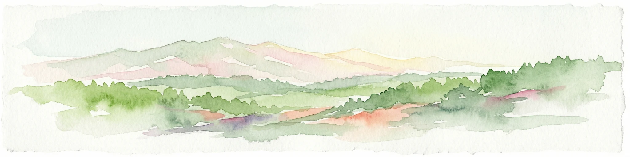Pintura de acuarela de bosques verdes, valles y montañas distantes en los Cárpatos