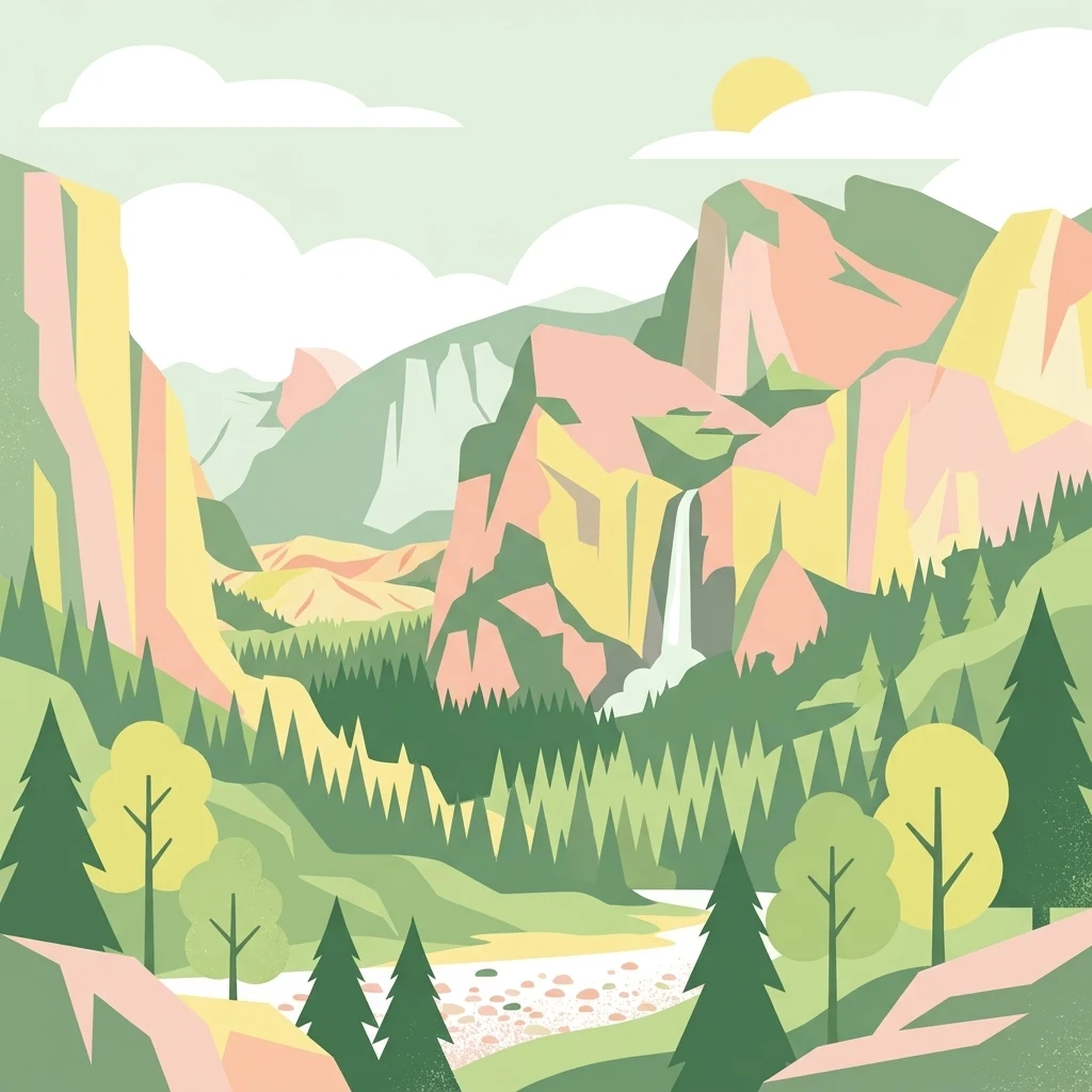 A minimalist graphic illustration depicting a valley surrounded by steep cliffs, a waterfall cascading down a rock face, a flowing river in the foreground, and coniferous trees under a soft-toned sky.