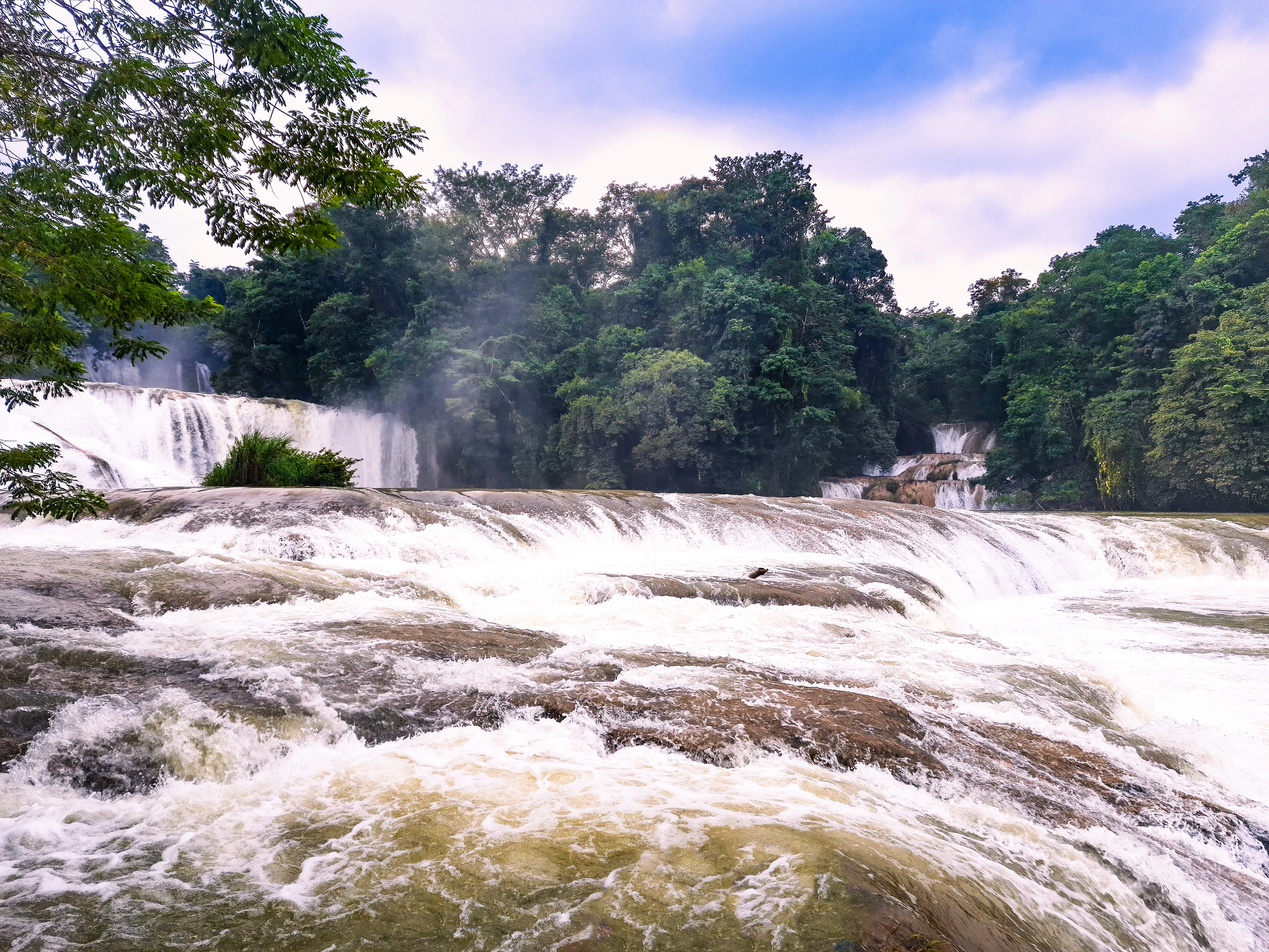 A wide shot of multi-tiered waterfalls cascading over rocky, carbonate-rich ledges surrounded by dense green forest, under a partially cloudy sky.
