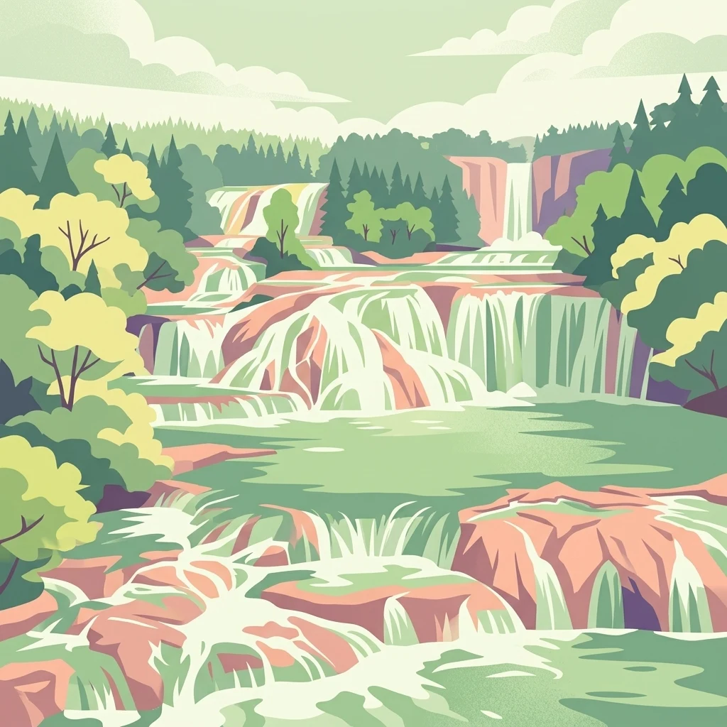 Una ilustración vectorial plana y estilizada de cascadas escalonadas que caen sobre formaciones rocosas en terrazas, rodeadas de un frondoso bosque y suaves nubes.