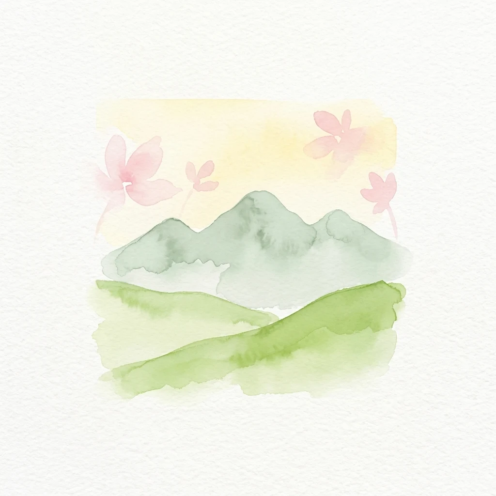 Pintura acuarela de montañas verdes, colinas ondulantes y flores rosas bajo un cielo amarillo.