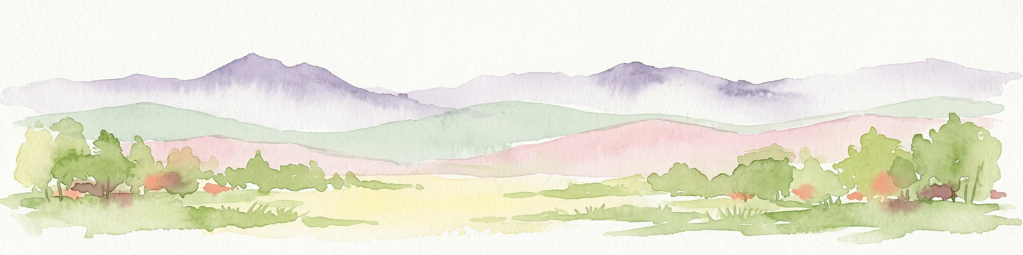 Pintura de acuarela de un paisaje con colinas ondulantes, árboles, montañas distantes y pequeñas estructuras