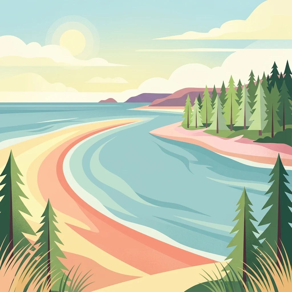 A digital illustration of a calm coastline with a sandy beach meeting clear blue water, lined by a pine forest and soft hills under a sunny sky.