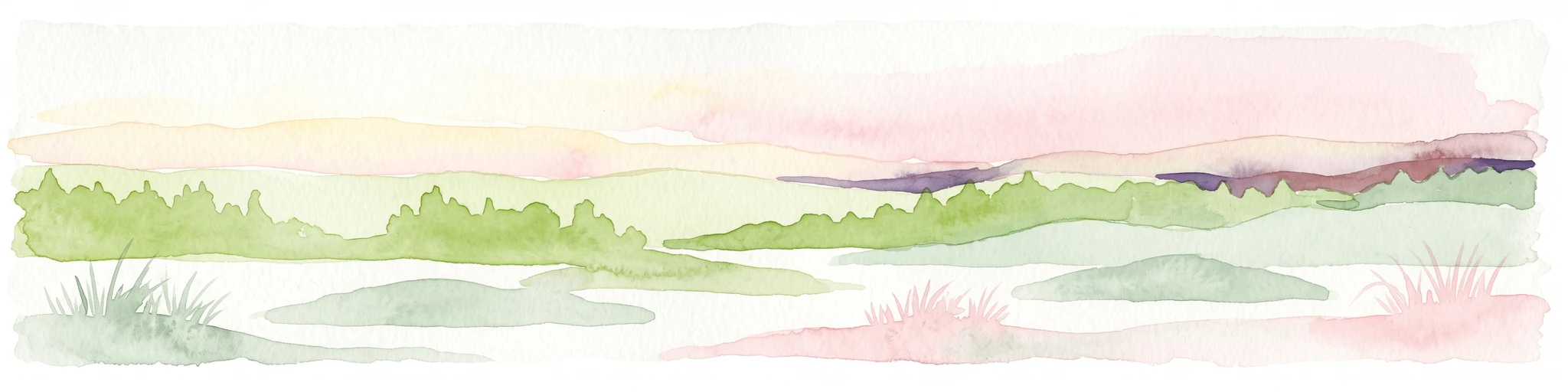Una acuarela de un paisaje costero sereno con colinas verdes onduladas, árboles y suaves nubes rosadas al fondo.