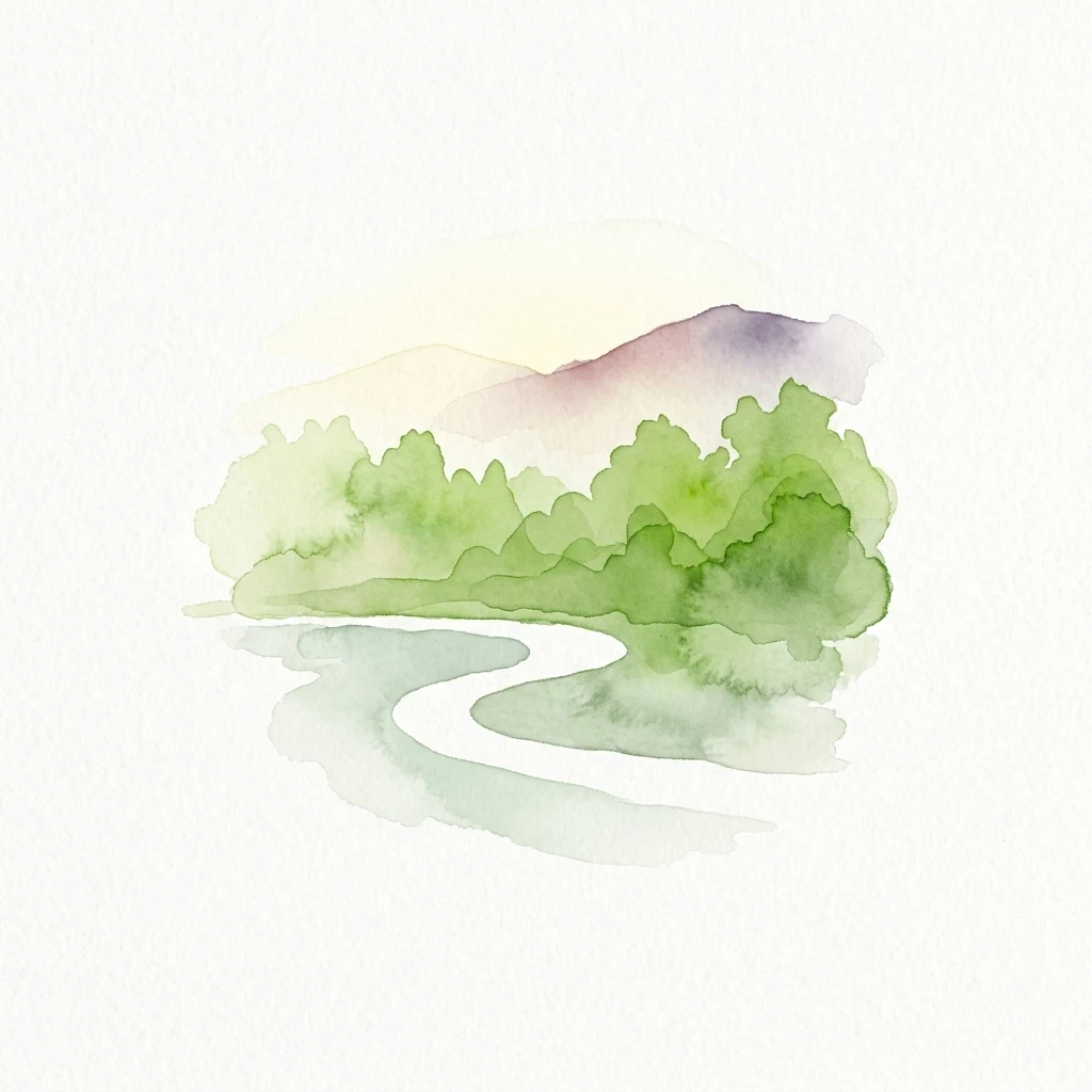 Watercolor painting showing a winding river surrounded by green forest and purple-tinged mountains