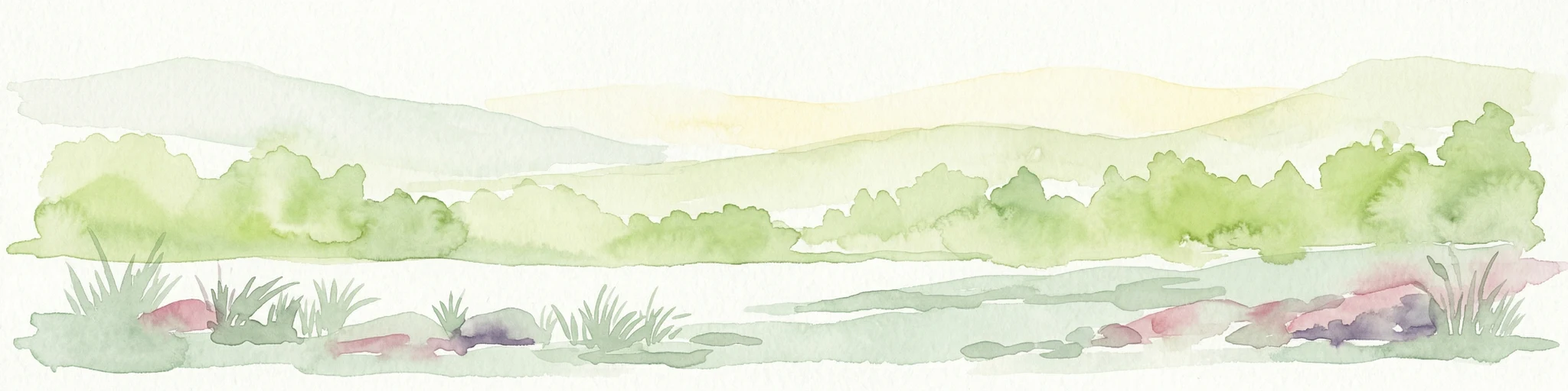 Watercolor illustration of a landscape with rolling hills, green vegetation, and a body of water