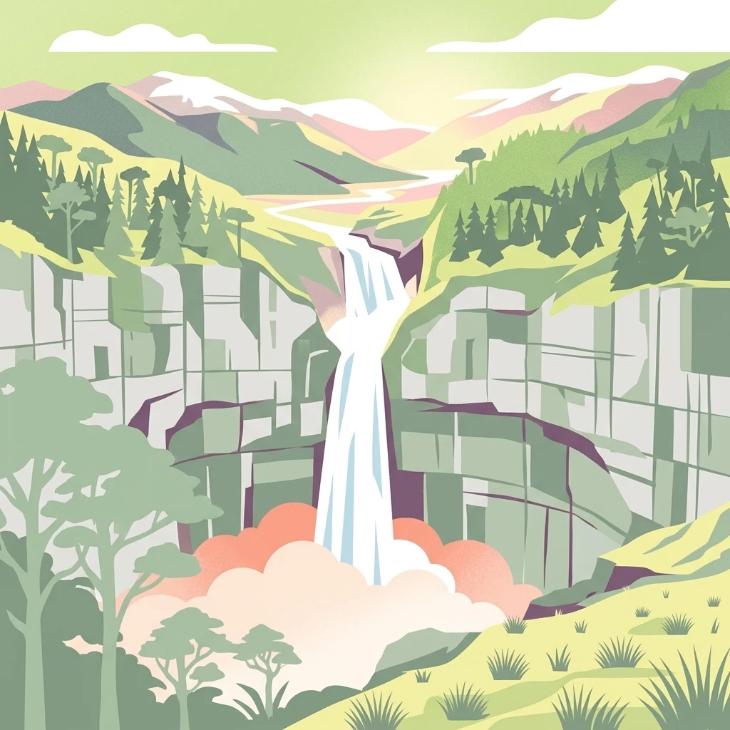 An illustration showing a tall waterfall falling over sheer, blocky cliffs into a misty base, surrounded by evergreen trees and mountains under a light sky.