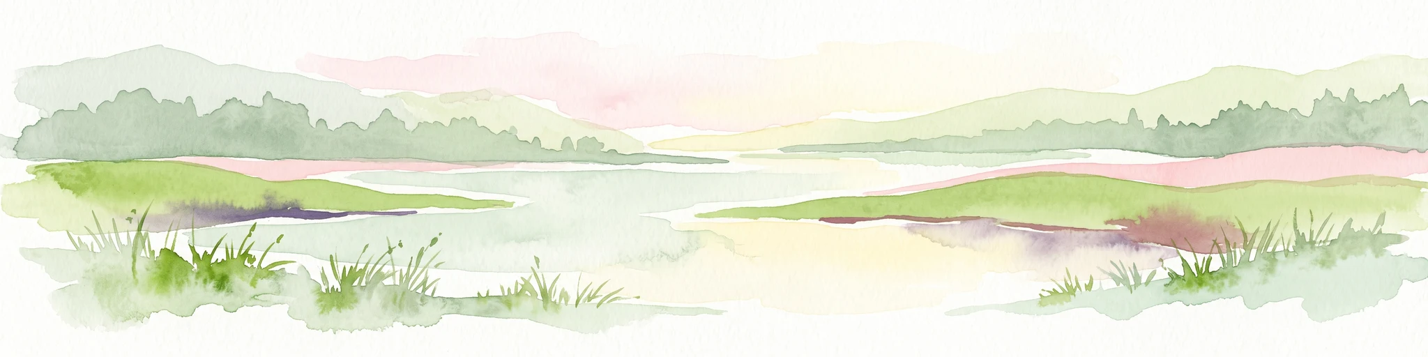 A soft, horizontal watercolor painting depicting a calm wetland area with grassy banks, still water reflecting soft colors, and distant rolling hills.