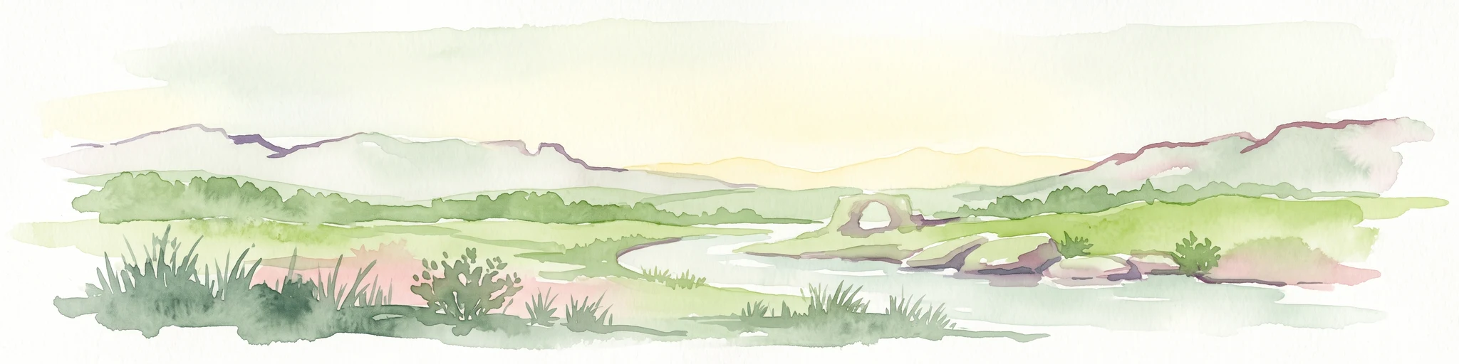 A watercolor illustration of a scenic wilderness landscape with rolling hills, a winding stream, foreground grasses, and a distinct rock arch formation in the background.