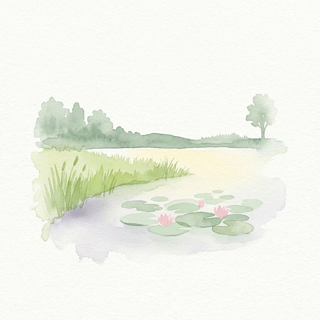 Watercolor painting showing a wetland scene with lily pads, reeds, and trees in the background
